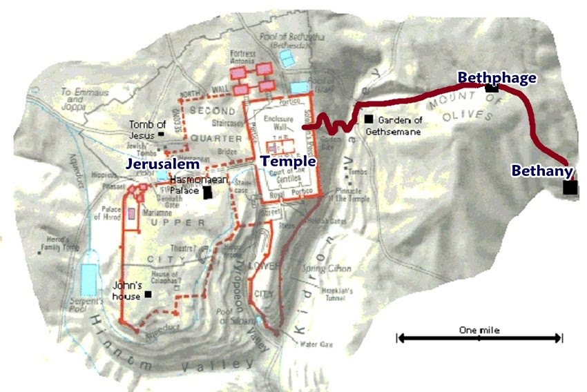 上图：主耶稣骑驴进京的路线，从右向左依次经过伯大尼、伯其法、客西马尼园、圣殿。