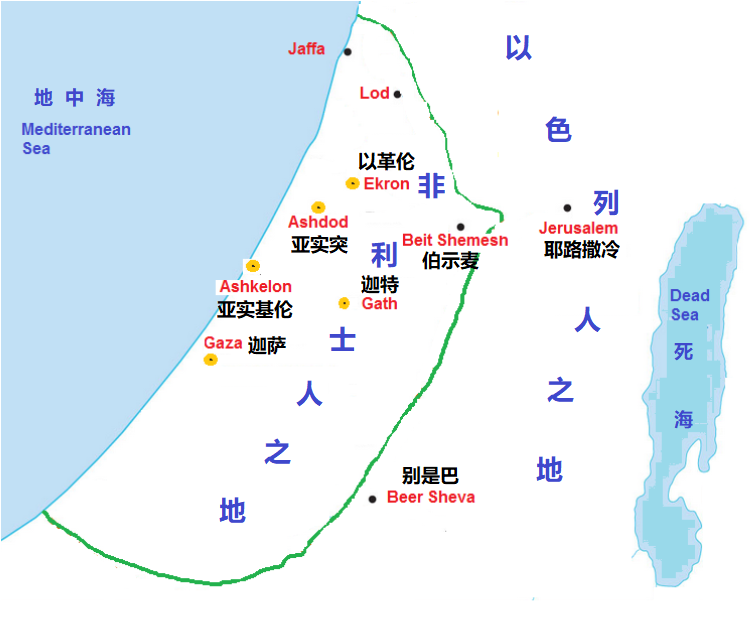 上图：非利士人的五城：迦萨、亚实基伦、亚实突、以革伦、迦特。