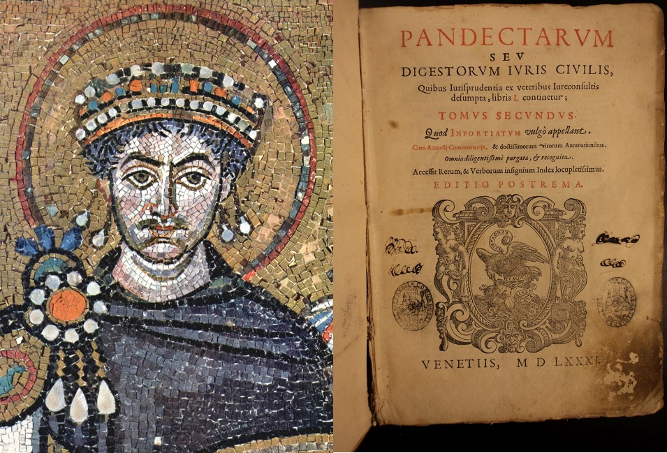 上图：东罗马皇帝查士丁尼一世（Justinian I，主后527-565年在位）和他所编撰的《查士丁尼法典 Code of Justinian》（又称《民法大全 Corpus Juris Civilis》，1581年版）。罗马帝国以法制闻名于史，罗马法是罗马共和国及罗马帝国所制定的法律规范的总称，于东罗马帝国皇帝查士丁尼一世时期达到鼎盛。罗马法奠定了后世法学、尤其是大陆法系民法典的基础。世界最早的大学最初往往只有神学和法律两个专业，而法律学习的就是《民法大全》。